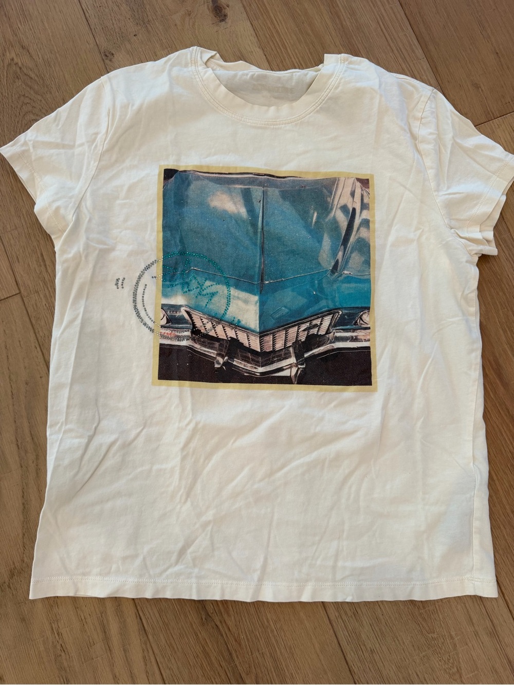 Zadig & Voltaire White Tee with Blue Car Graphic